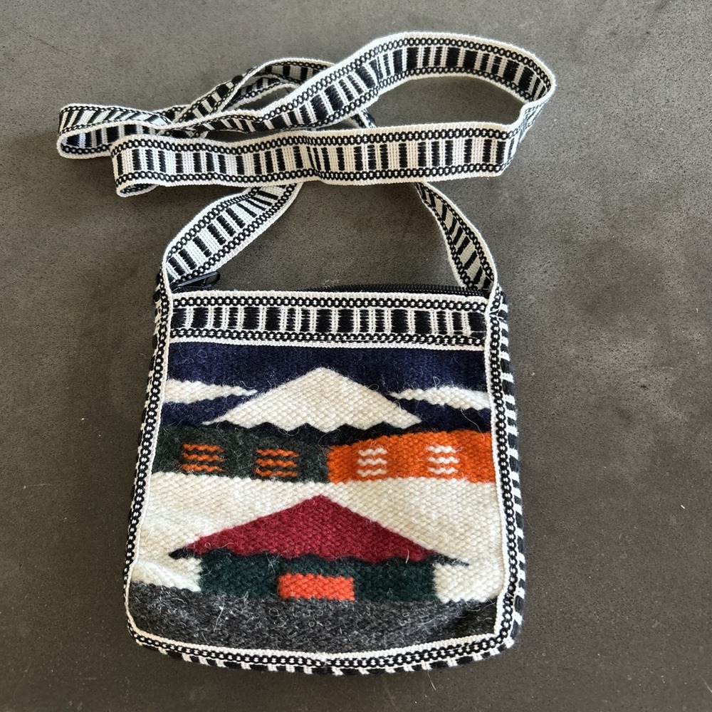 Handwoven Wool Cross Body Bag Purse With Village Mountain Scene‎ Handmade